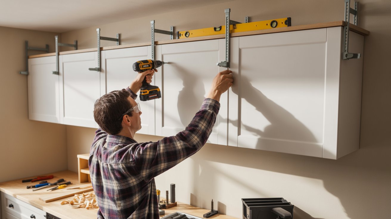  A man drills into the wall to securely attach a cabinet, demonstrating home improvement skills.
