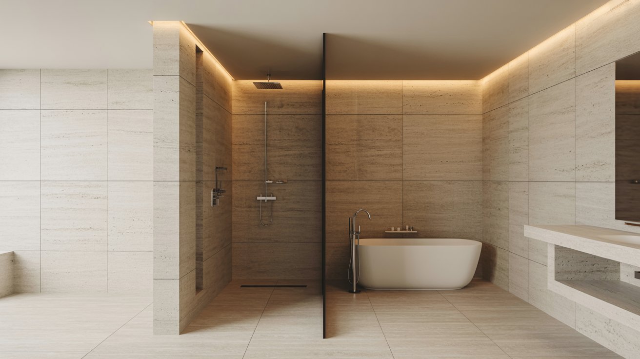 A stylish bathroom with a large soaking tub and a glass-enclosed shower, highlighting modern aesthetics.