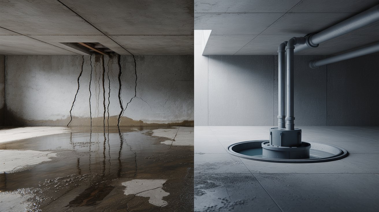 Two images of a room featuring visible water and exposed pipes, highlighting plumbing issues and potential leaks.