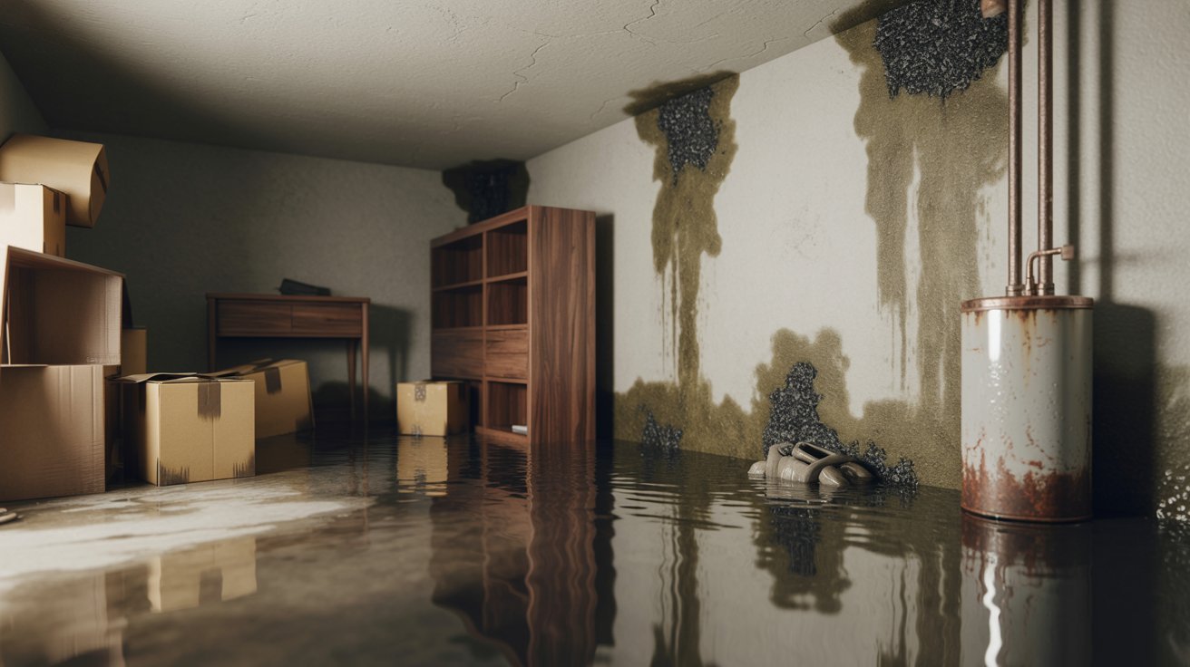 A flooded room filled with water, boxes, and furniture partially submerged, indicating significant water damage.