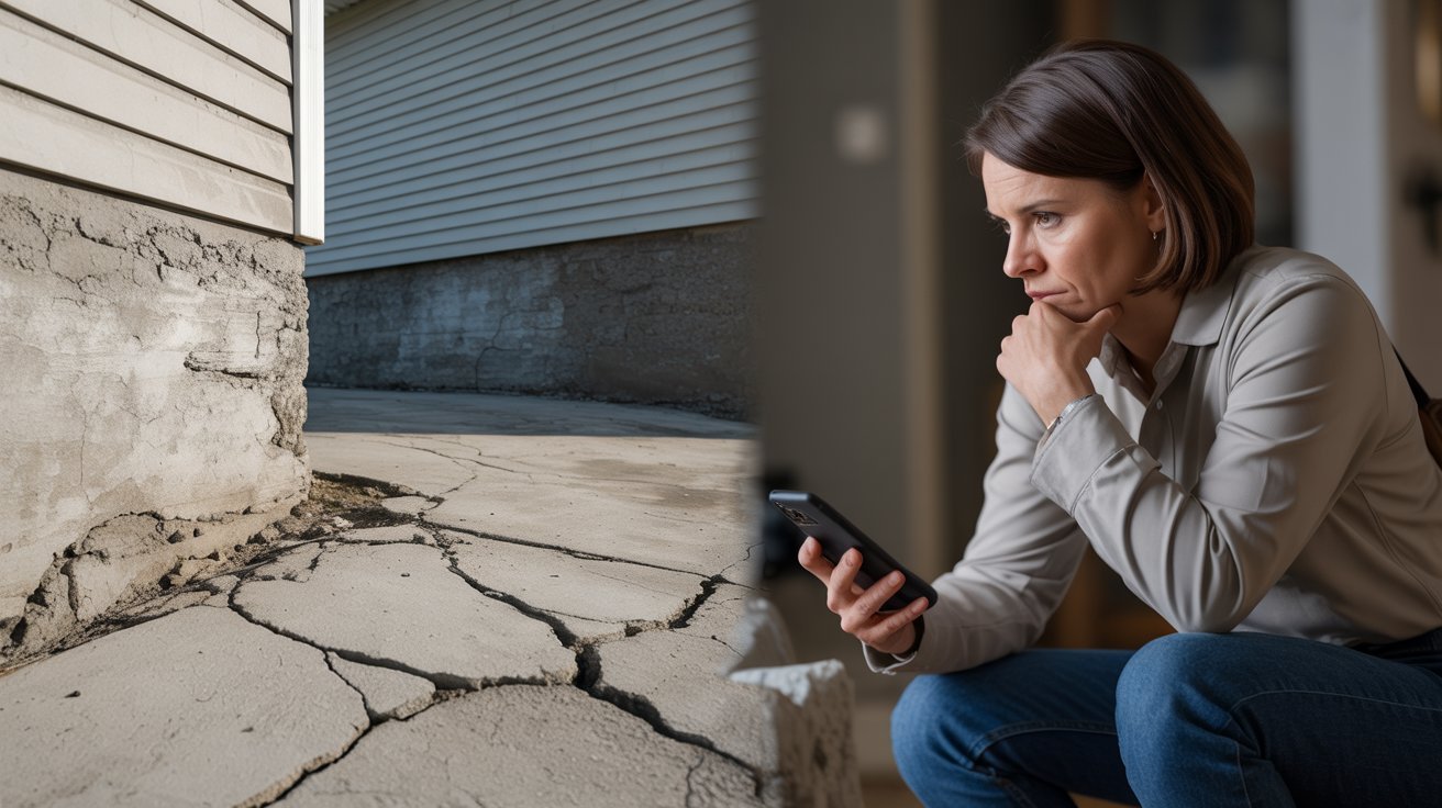 A woman sits on the ground beside a house with visible cracks in the wall, indicating potential structural issues.