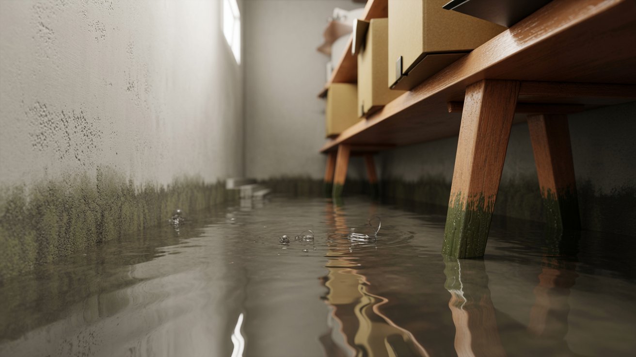 A flooded room featuring wooden furniture and a shelf, with water covering the floor and reflecting the surroundings.