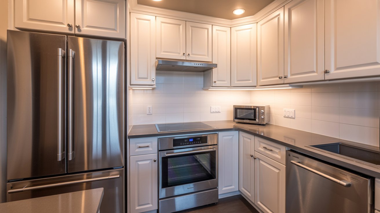 A modern kitchen featuring stainless steel appliances and sleek white cabinets.