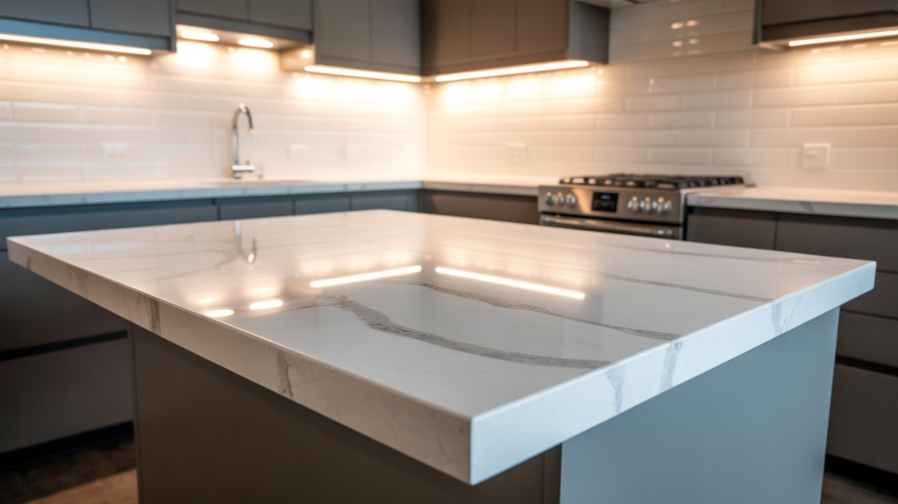 A kitchen counter featuring a sleek marble top, showcasing its elegant surface and modern design.