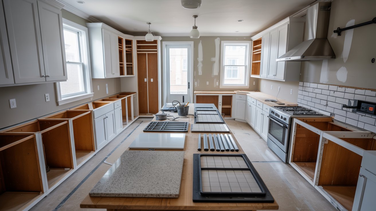 A partially built kitchen showcasing new cabinets and countertops in progress.