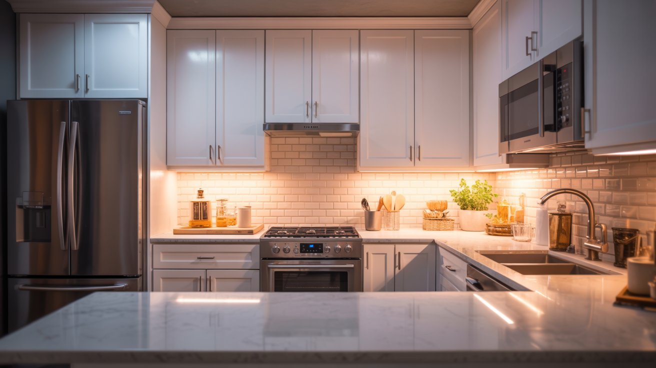 A modern kitchen featuring white cabinets and sleek stainless steel appliances.