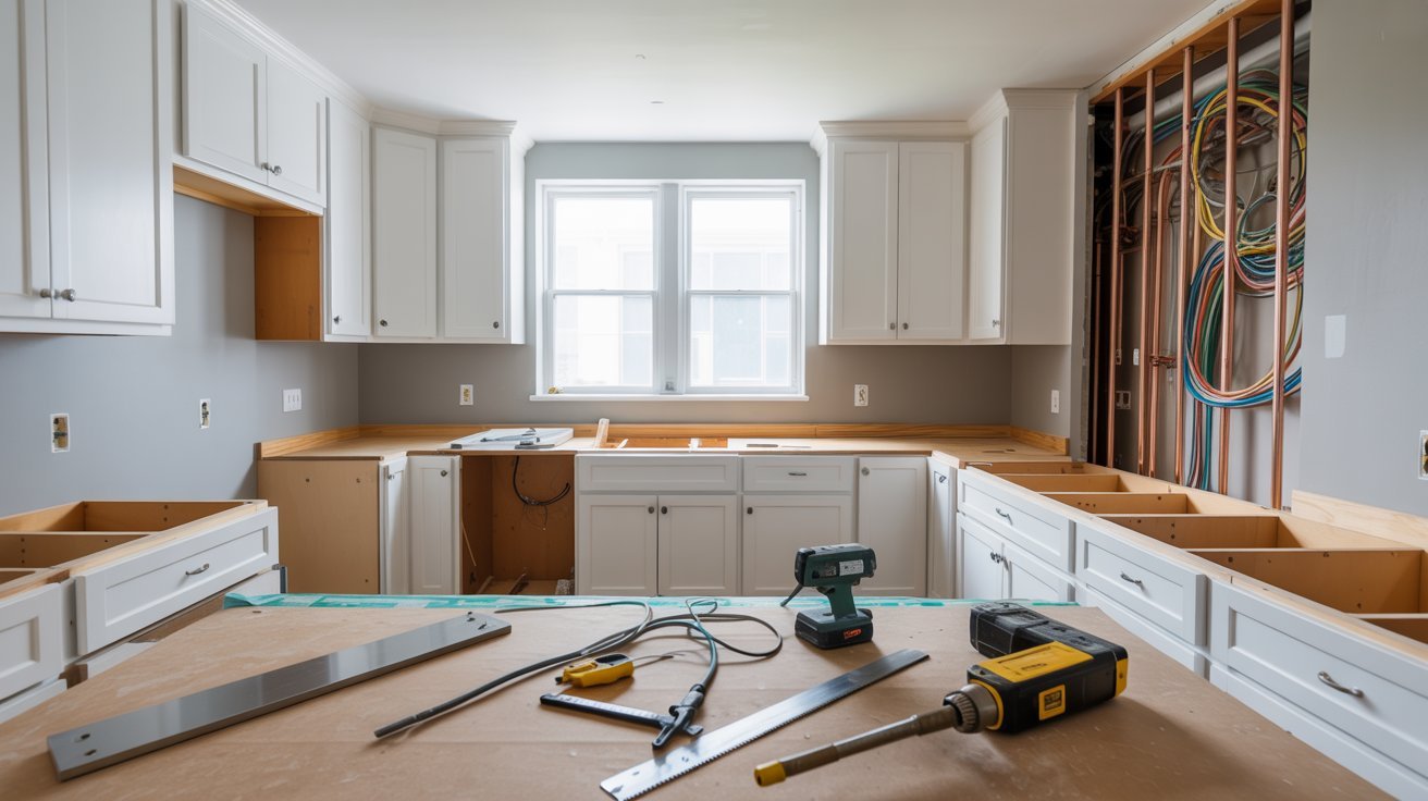 A kitchen under construction, featuring cabinets and countertops being installed.