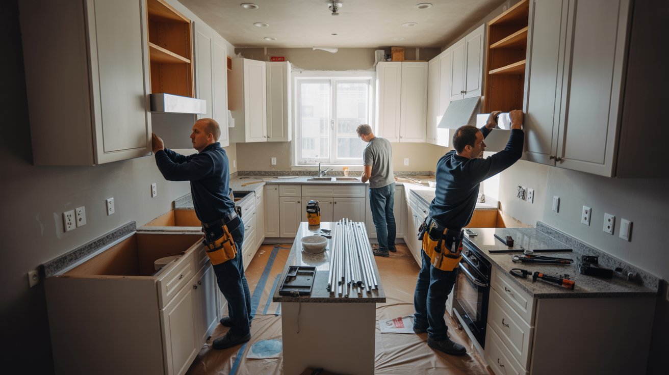 Two men collaborating on a kitchen renovation in a home, focused on installation and design tasks.