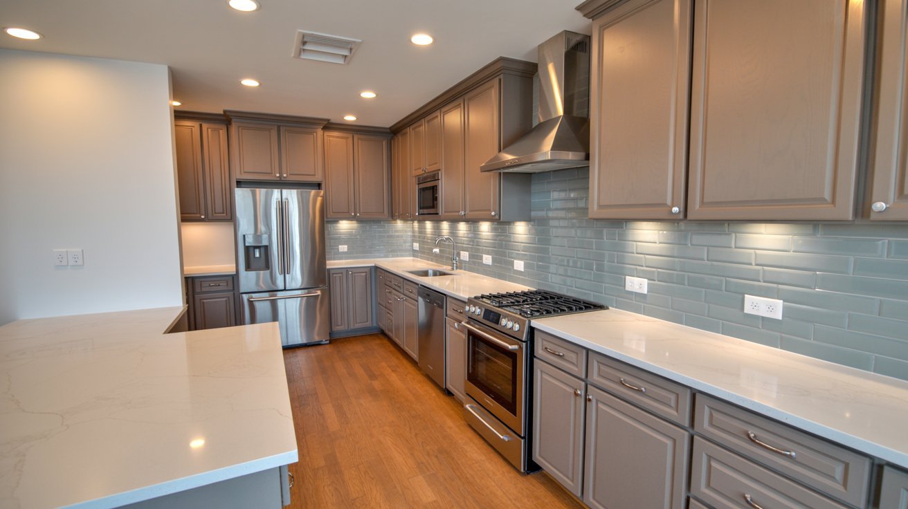 A modern kitchen featuring stainless steel appliances and sleek gray cabinets.