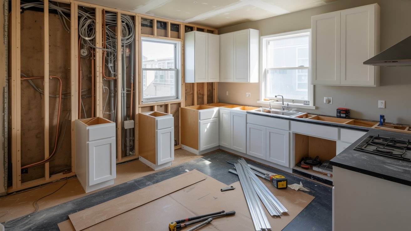 A kitchen under construction featuring uninstalled cabinets and appliances scattered throughout the space.