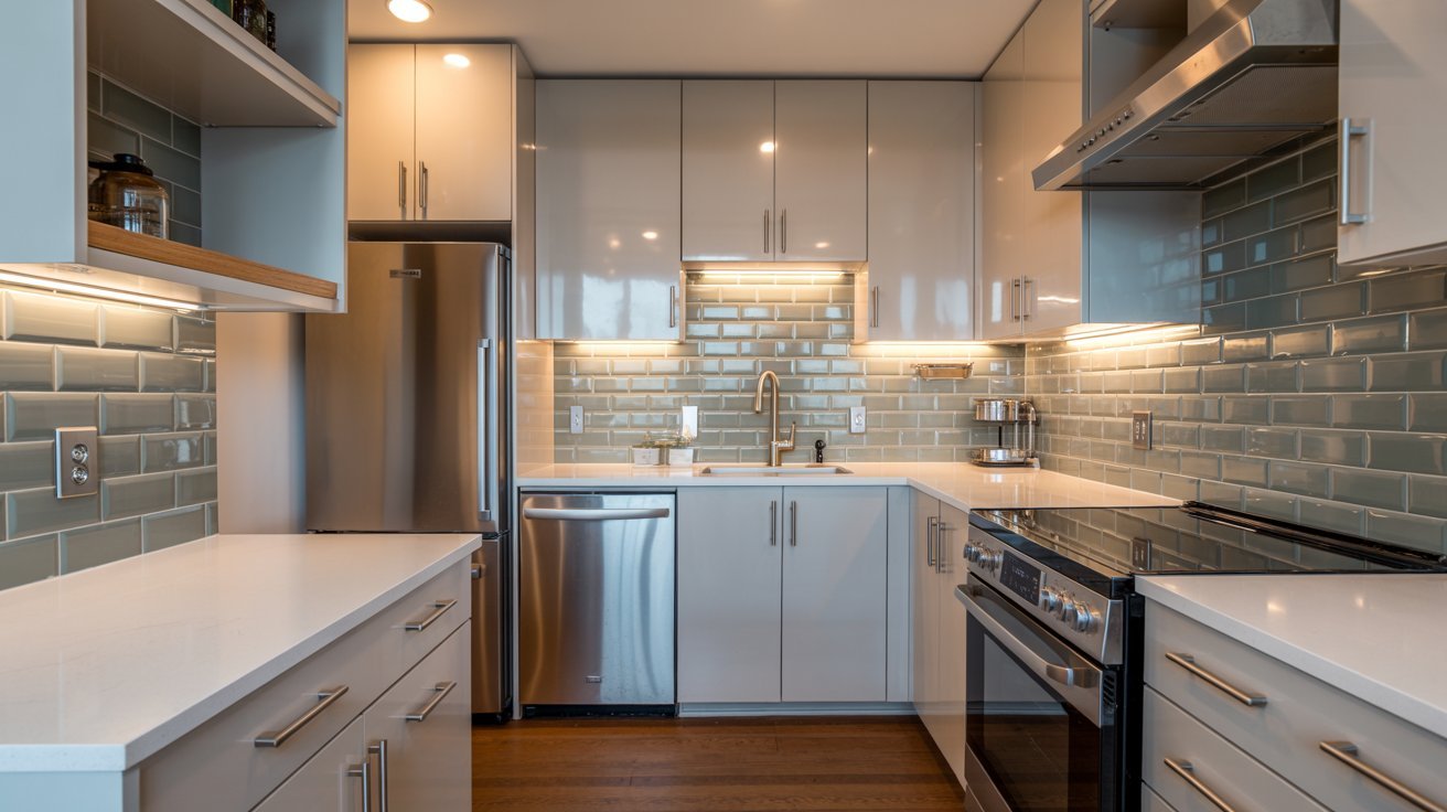 A kitchen featuring a stove, refrigerator, sink, and cabinets, showcasing a functional and organized cooking space.