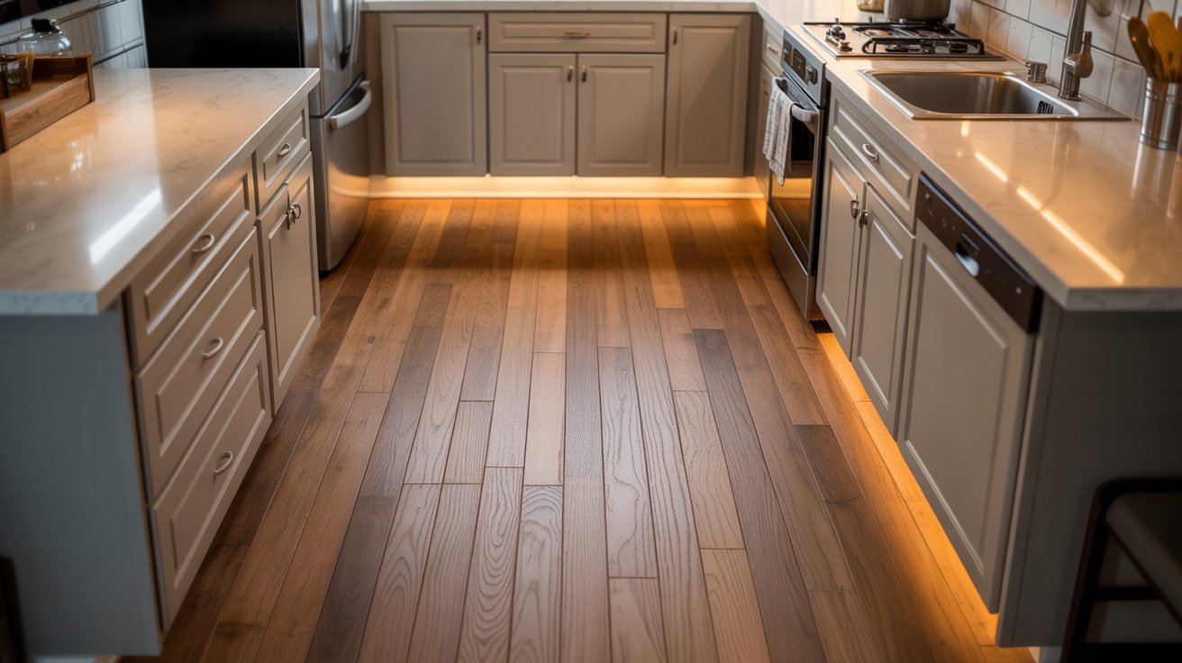 . A well-lit kitchen featuring a wooden floor and illuminated countertops, creating a warm and inviting atmosphere.