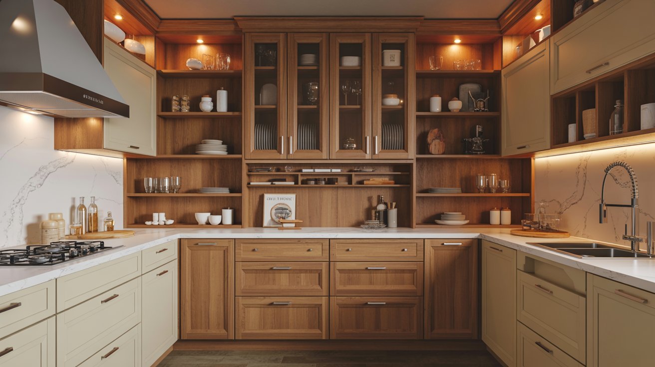 A cozy kitchen with wooden cabinets and a sink, highlighting a functional and stylish cooking space.