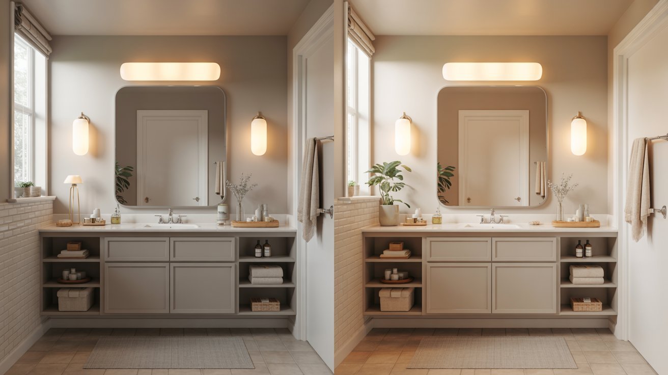 Two images of a bathroom featuring a sink and mirror, showcasing different angles and designs of the space.