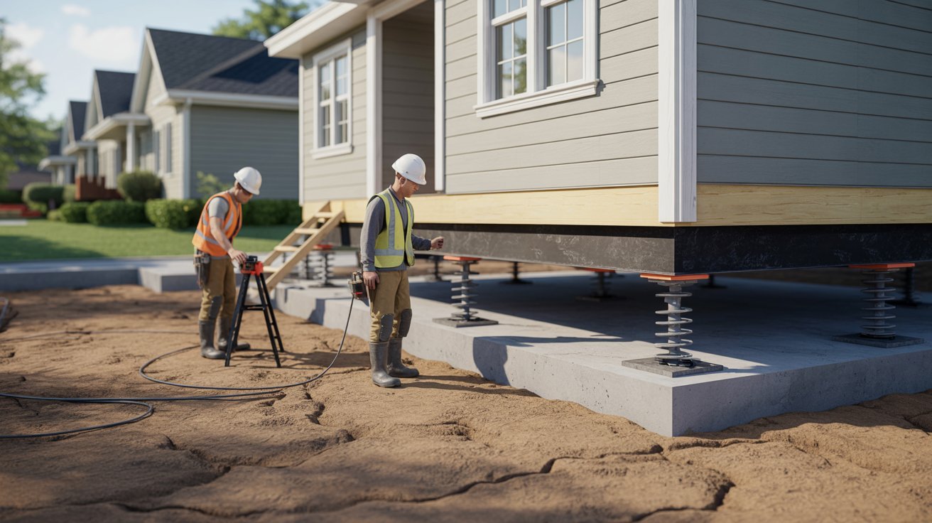 Two men collaborating on constructing a house foundation, using tools and materials at a construction site.