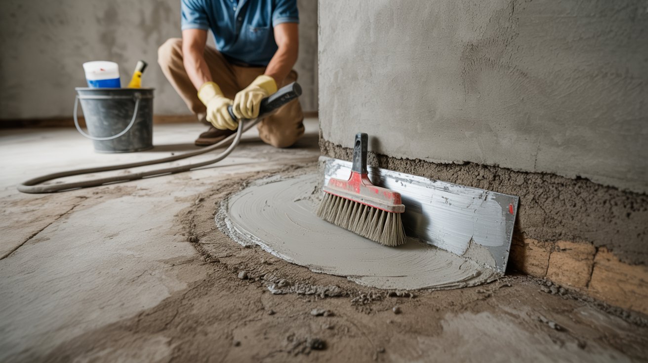 A man brushes cement to clean it, focusing on removing dirt and debris from the surface.