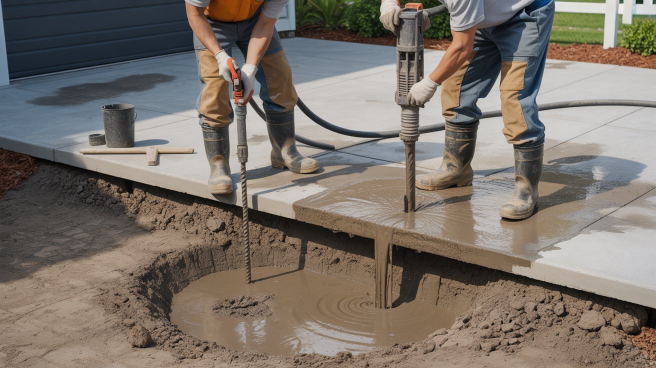 Two men operate a concrete pump, pouring concrete into a construction site.