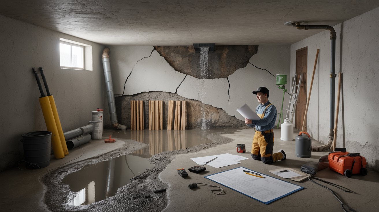 A man is repairing a flooded basement, surrounded by water and tools, focused on addressing the damage.