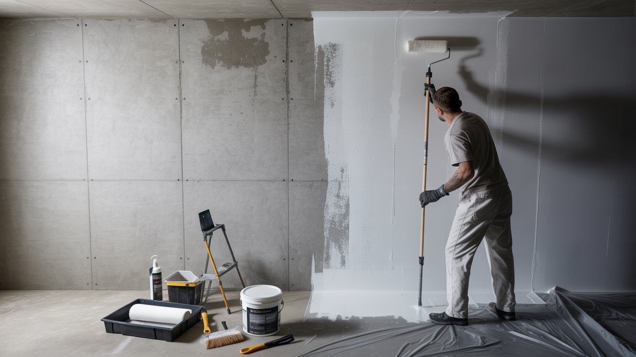 A man is using a paint roller to paint a room's wall in a fresh coat of color.