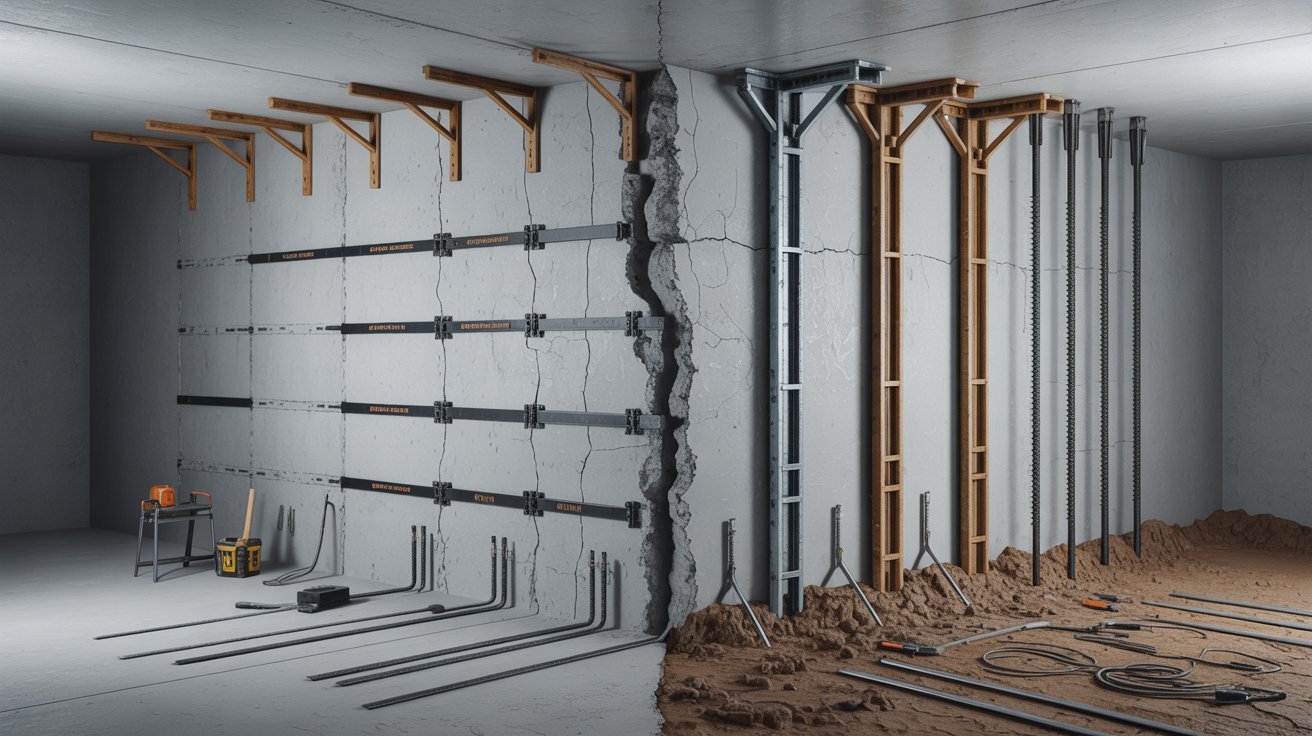 A room featuring concrete walls, with one wall displaying various tools organized for use.