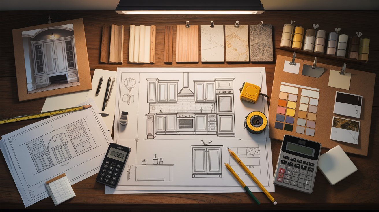 Architectural drawings and tools spread across a table, illustrating the design process of a modern kitchen.