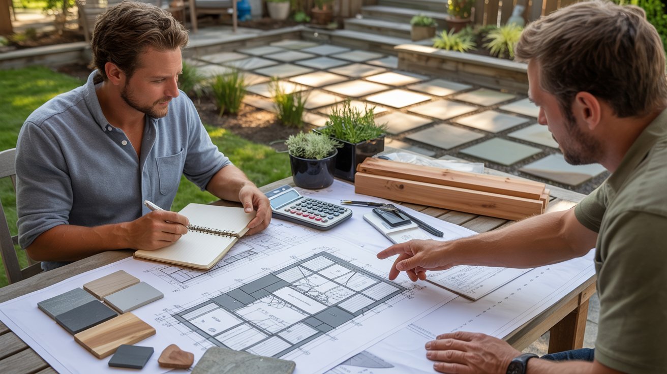 Two men discussing blueprints and plans while seated at a table, focused on their project.