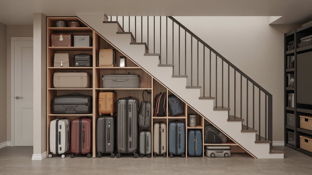 A staircase with luggage stored underneath and a bookcase positioned beside it, creating a cozy, functional space.