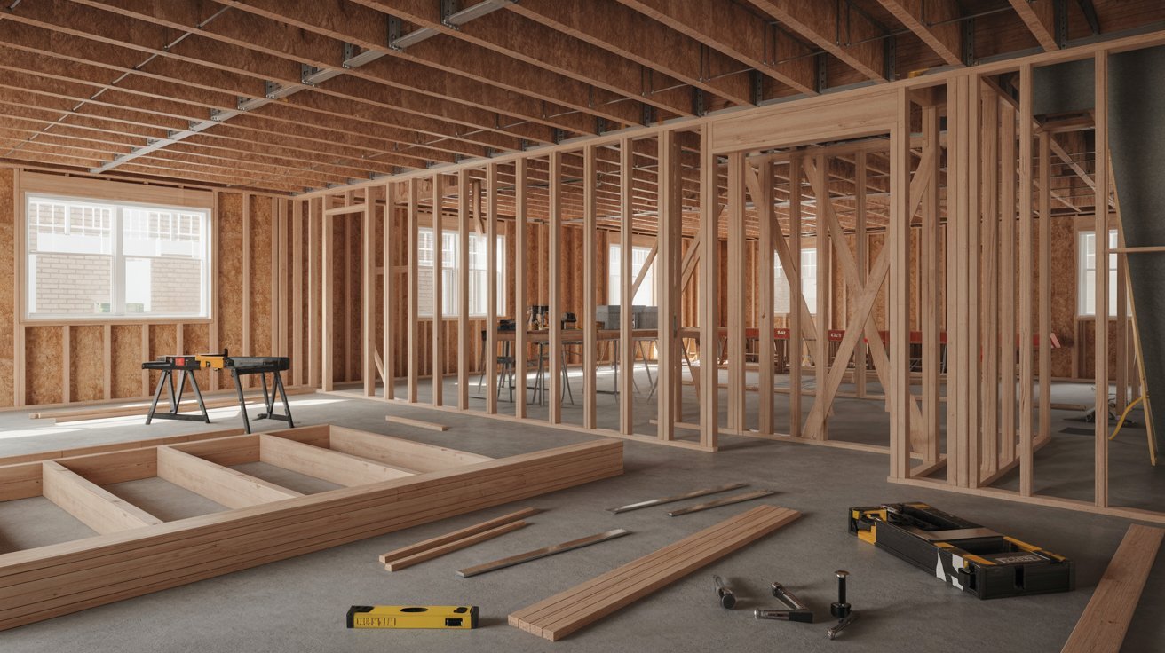 A workshop featuring wooden framing and various tools arranged on a workbench.