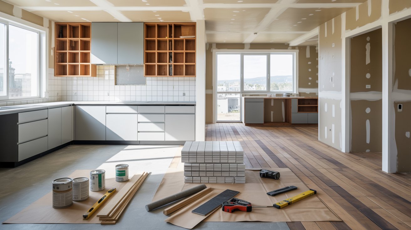 A kitchen under construction, featuring cabinets and countertops being installed.