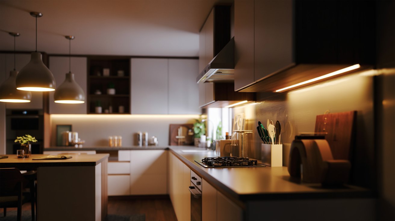 A kitchen featuring a bright light positioned on the counter, illuminating the workspace.
