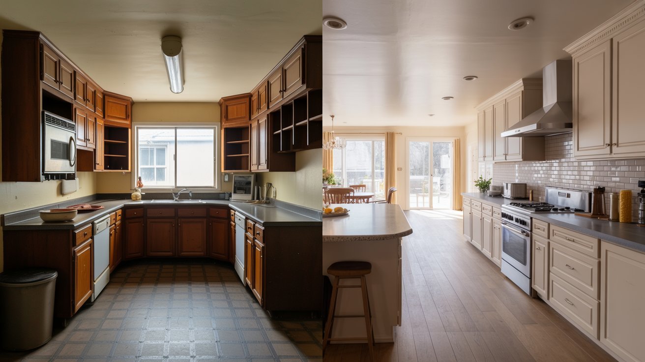 Side-by-side comparison of a kitchen before and after a remodel, showcasing updated design and improved functionality.