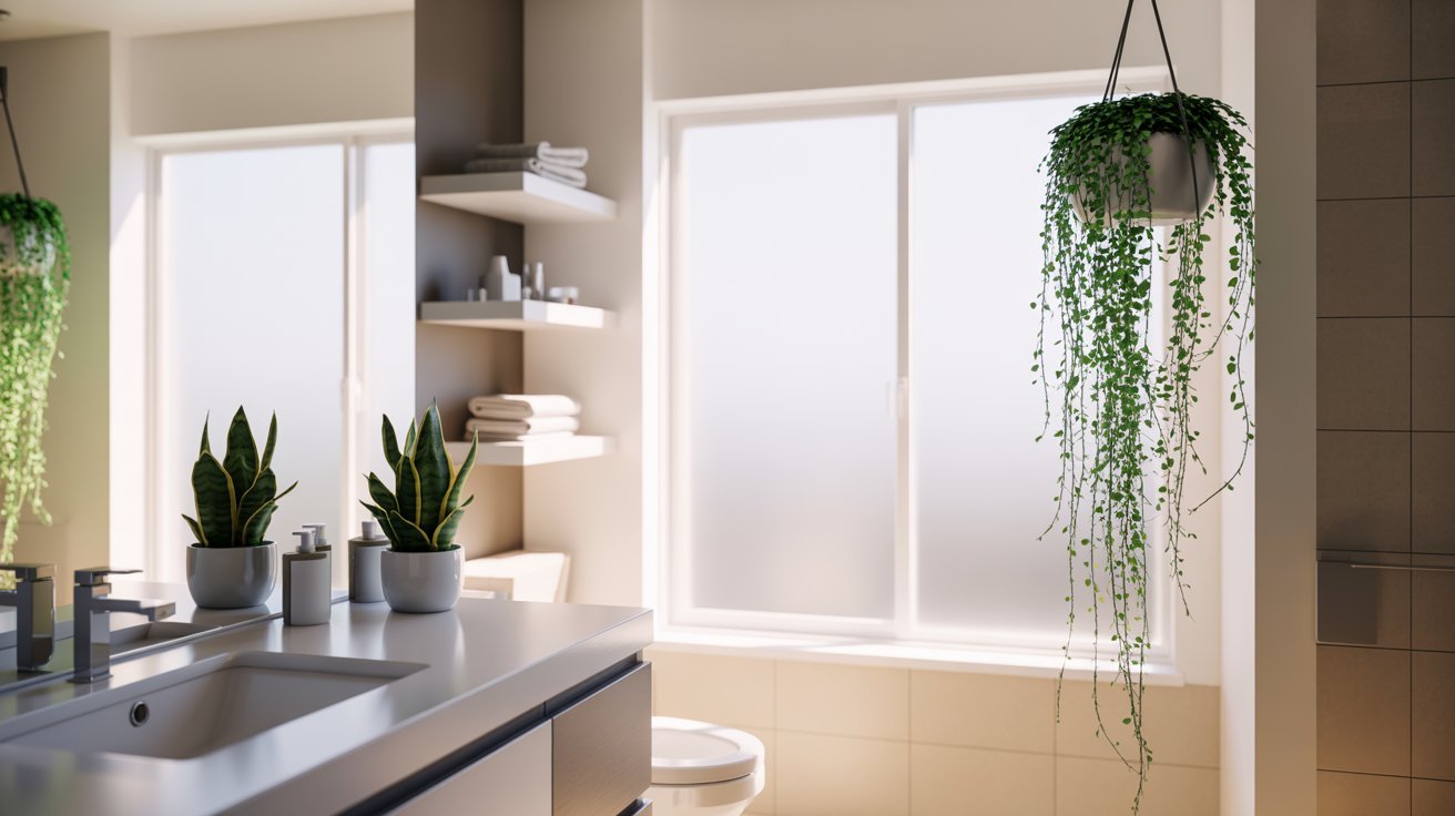 A bathroom featuring a sink, toilet, and several potted plants for a touch of greenery.