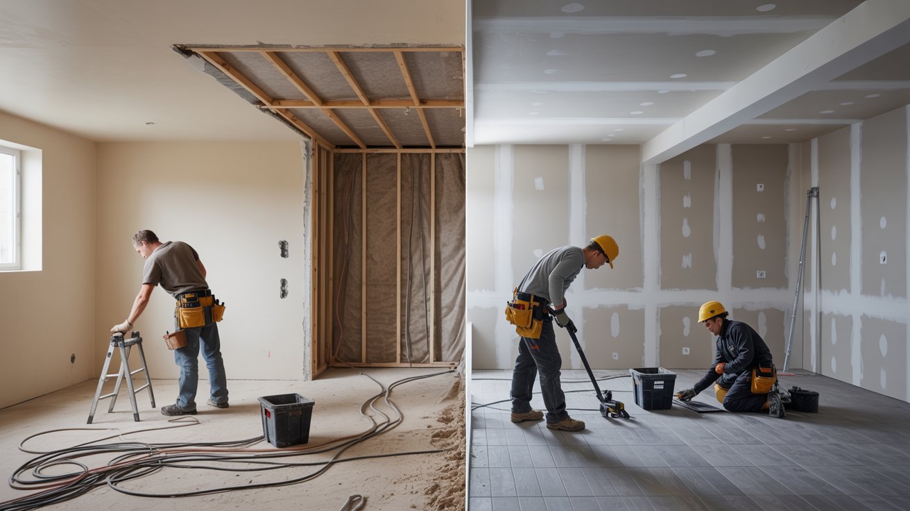 Two men collaborating on construction tasks in an unfinished room of a house, surrounded by tools and building materials.