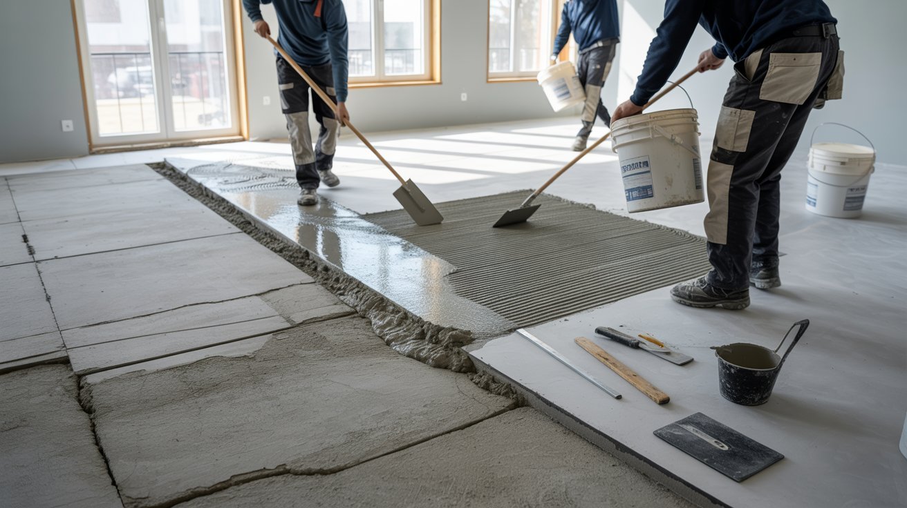 Two men are installing tiles on a floor, focused on their work and collaborating closely.