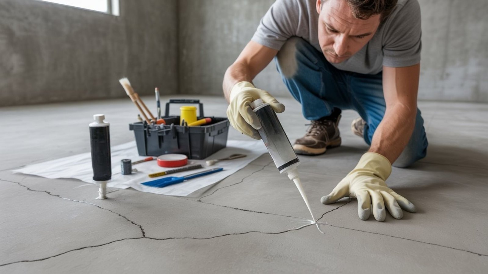 A man uses tools to work on a concrete floor, focused on his task in a construction setting.