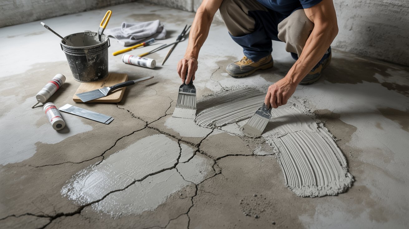 A man using a paintbrush to apply paint to a concrete floor, focused on his task in a well-lit environment.