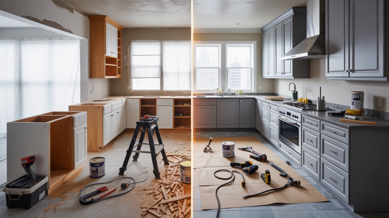 Side-by-side comparison of a kitchen before and after renovation, showcasing modern updates and improved layout.