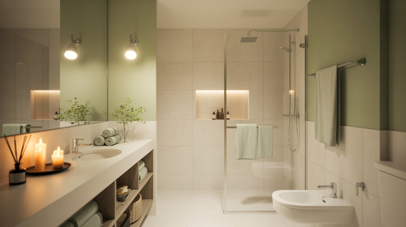 A bathroom featuring green walls and white fixtures, creating a fresh and modern aesthetic.