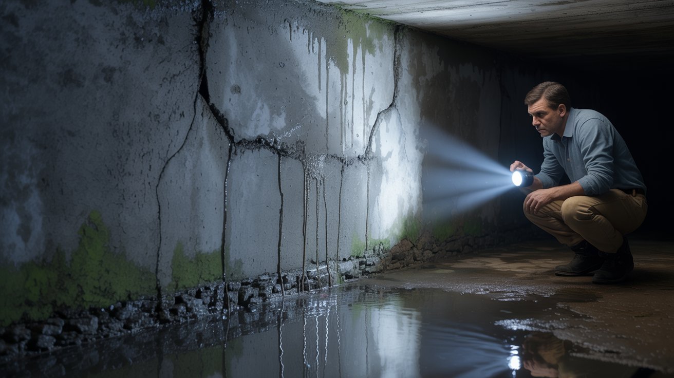 A man kneels in a dark tunnel, illuminating the space with a flashlight.