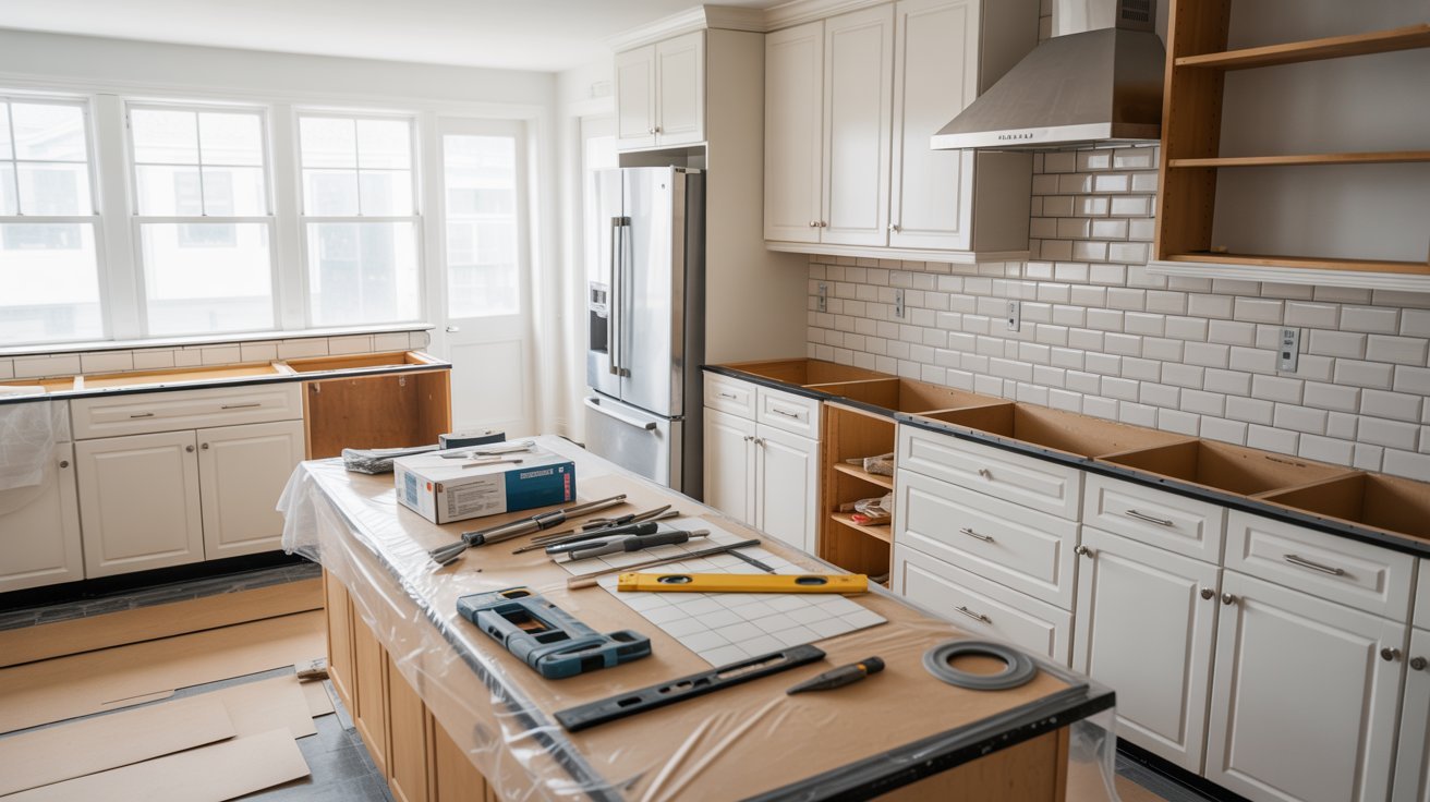 A kitchen under construction, featuring cabinets and countertops being installed.