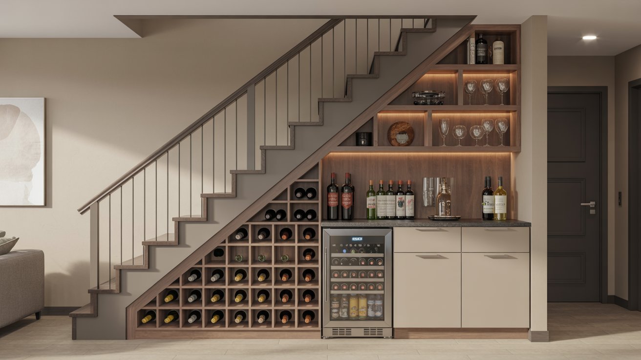 A cozy wine cellar located beneath the stairs in a residential home, showcasing neatly arranged wine bottles.