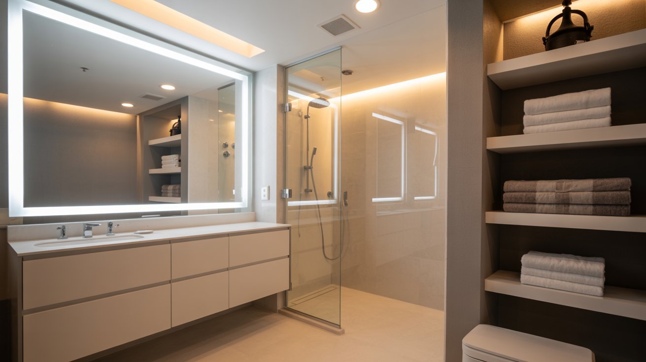A modern bathroom featuring a large mirror above a sleek sink, showcasing contemporary design elements.