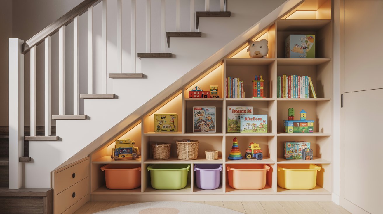 Understairs storage area designed for children's toys and books, featuring colorful bins and shelves for organization.