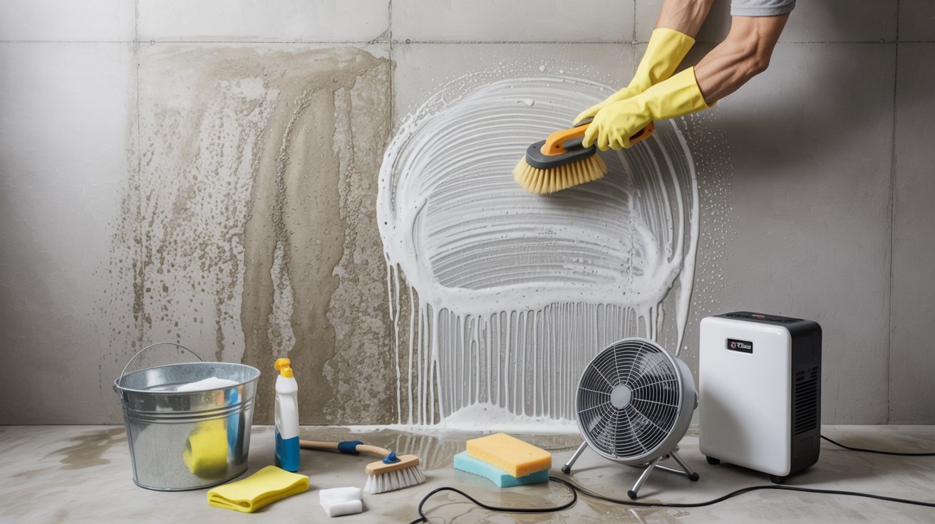 A man cleans a tile floor using a sponge while a fan circulates air in the room.