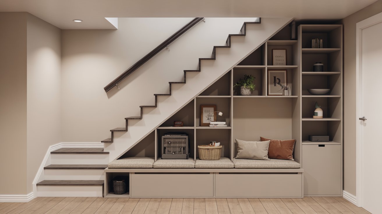 A sleek modern staircase featuring built-in storage space beneath it, enhancing both style and functionality.