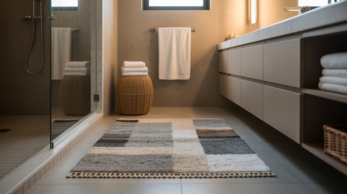 A bathroom featuring a plush rug and a modern shower, creating a cozy and functional space.