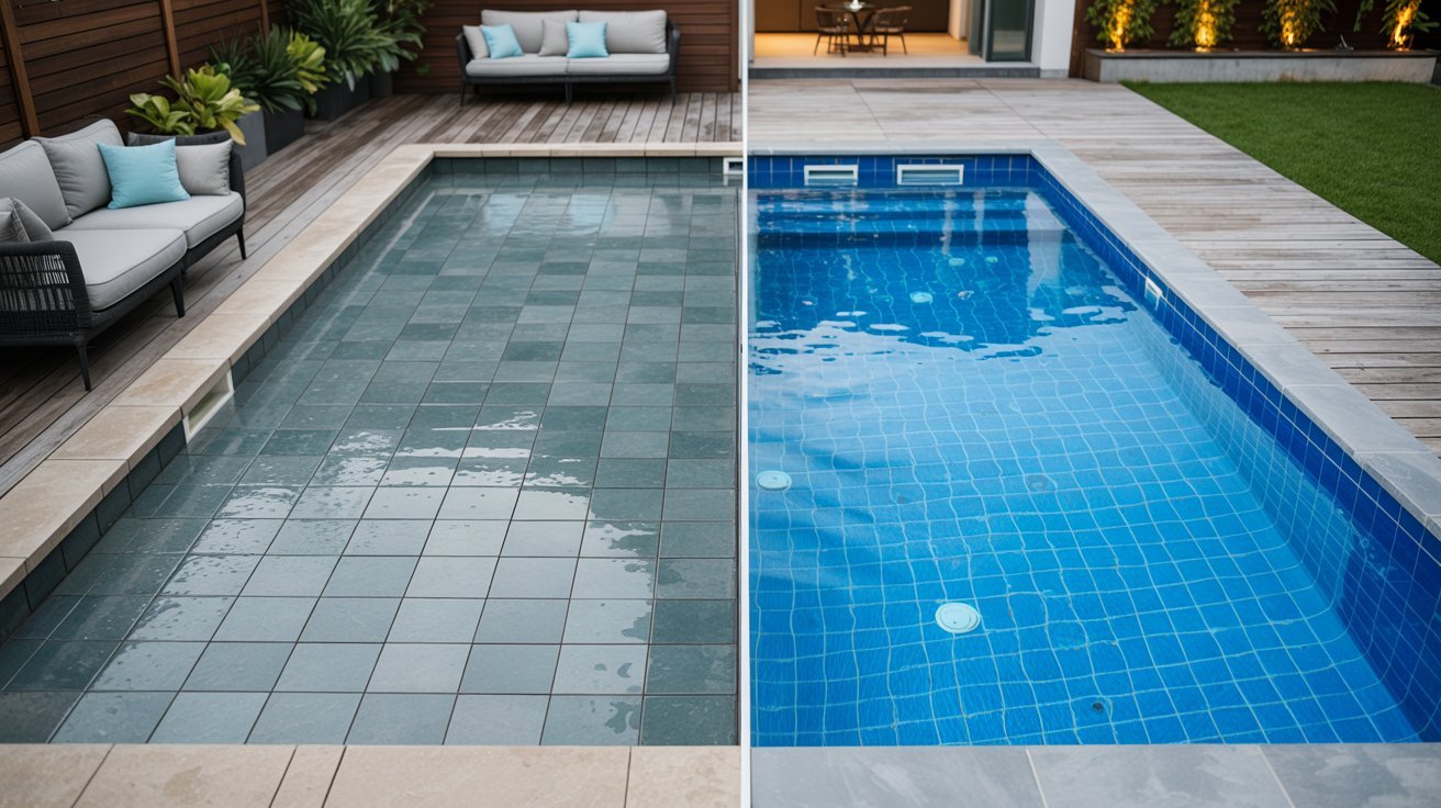 Before and after image of a backyard pool, showcasing the transformation from an empty space to a vibrant swimming area.