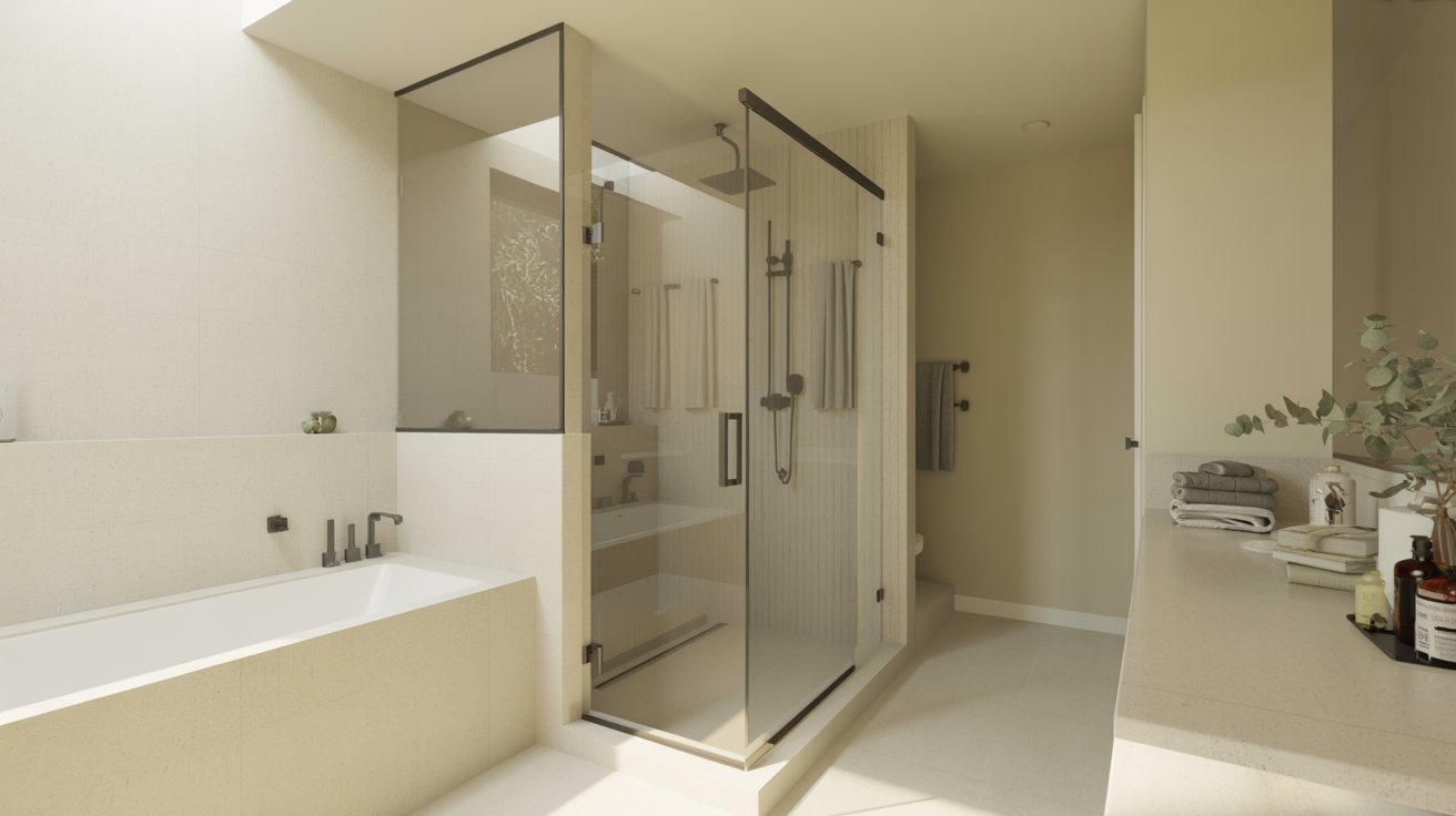 A modern bathroom featuring a glass shower door and a sleek sink, showcasing a clean and minimalist design.