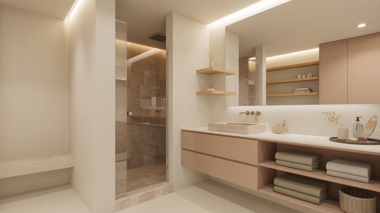 A modern bathroom featuring a sleek sink, a glass shower, and a white toilet against neutral-colored walls.