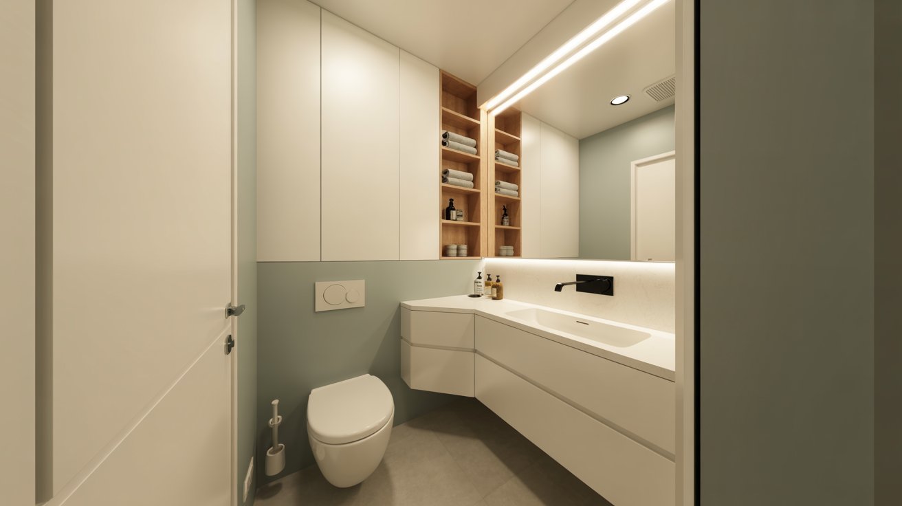 A modern bathroom featuring a sleek sink, toilet, and a stylish shelf for storage.